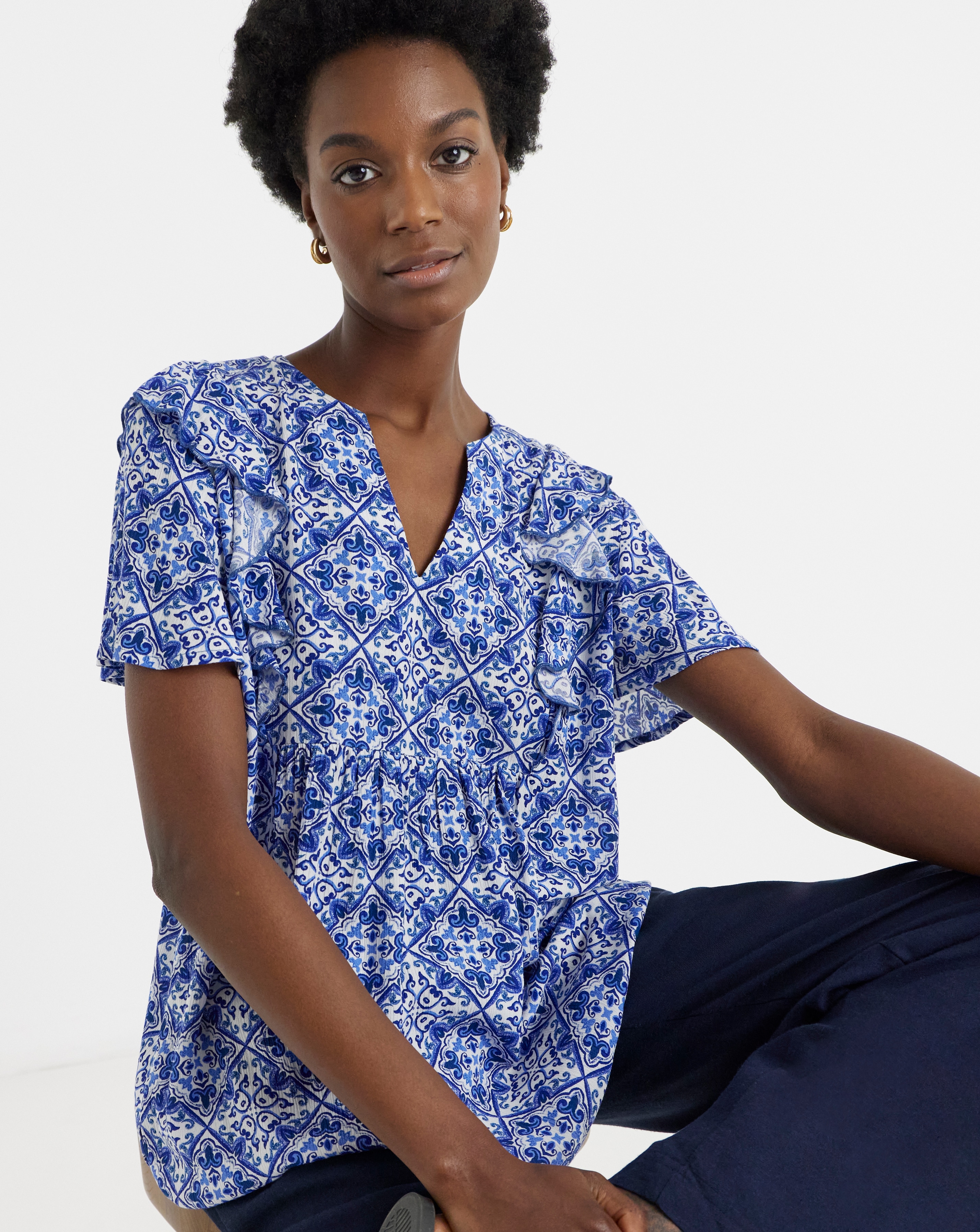 Textured Crinkle Frill Detail Angel Sleeve Top | Fashion World