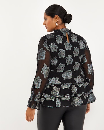 Foil Rainbow High Neck Shirred Tiered Blouse with Sheer Fluted Sleeves