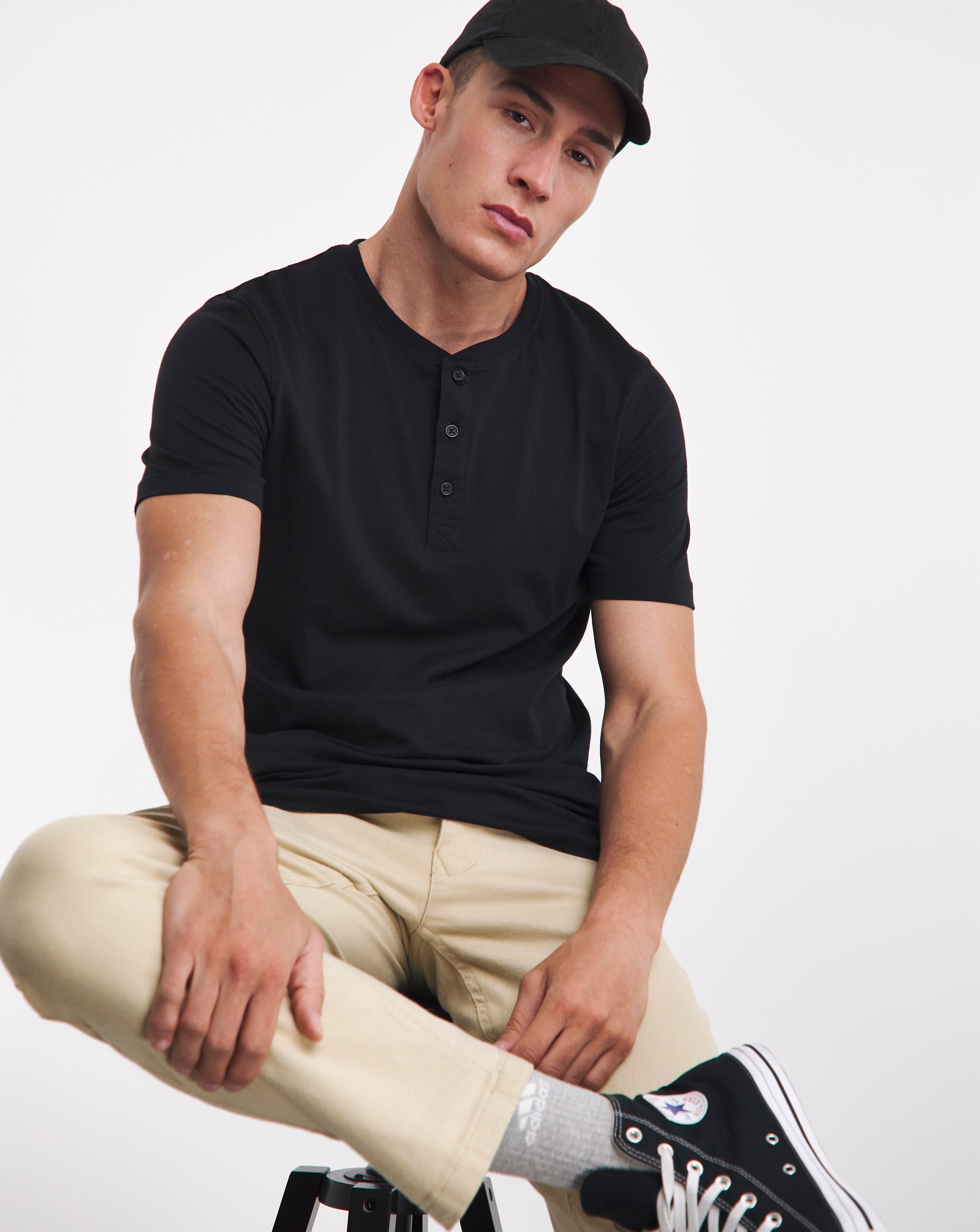 Pure Cotton Grandad T-Shirt- Black