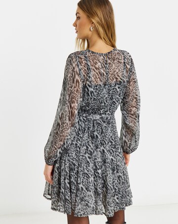 Simply Be Grey Leopard Skater Dress with Godet And Waist Tie Detail