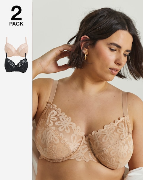 Pretty Secrets (2 Pack) Daisy Lace Full Cup Bras (B-G) Black/Almond