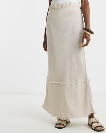 Stone Linen Mix Frayed Hem Skirt