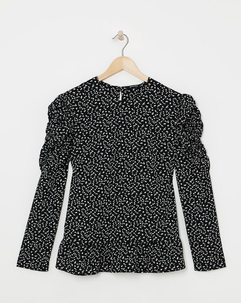 Mono Print Ruched Sleeve Top