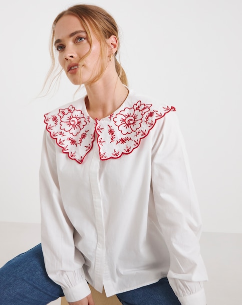White Embroidered Collared Blouse