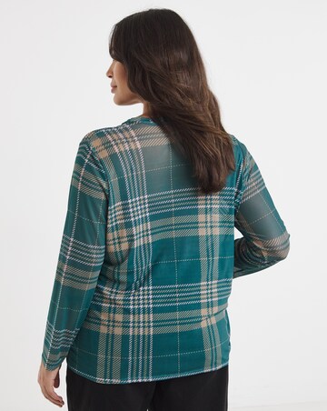 Green Check Print Long Sleeve Mesh Top