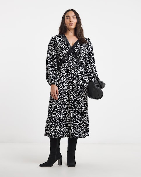 Black Print Supersoft Lace Trim Midi Dress