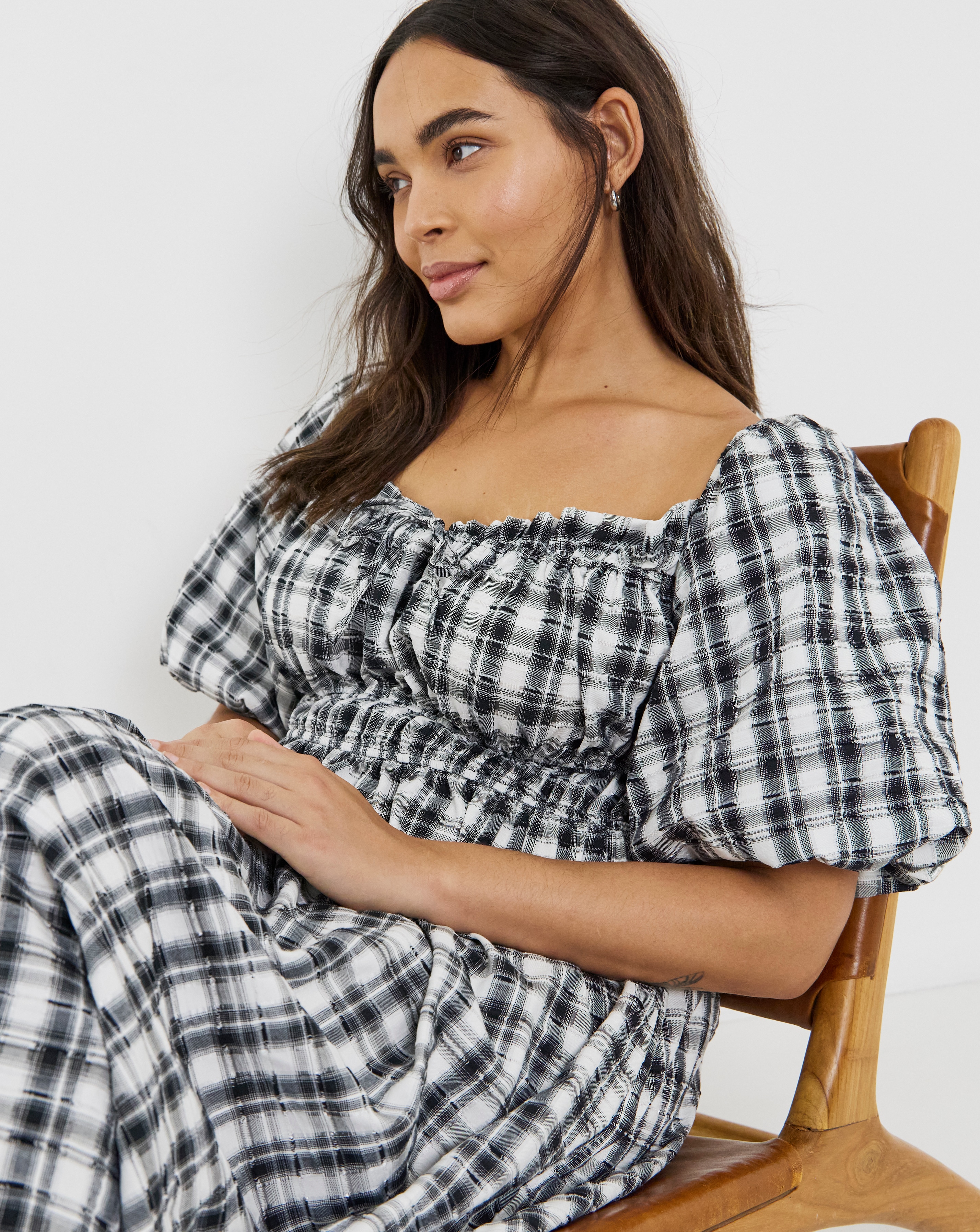 Simply Be Mono Check Midi Dress With Shirred Bodice | Fashion World