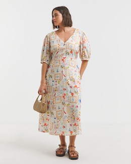 Simply Be Conversational Print Button Through Linen Blend Midi Dress
