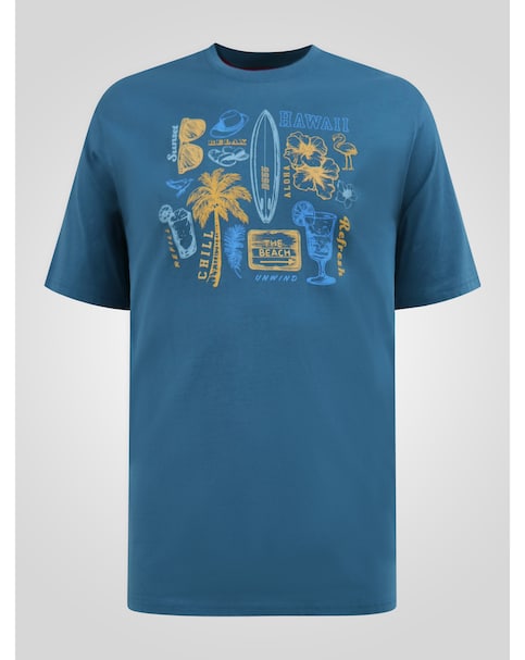 D555 Big And Tall Hovell Summer Beach Icon Sketches Printed T-Shirt - Teal