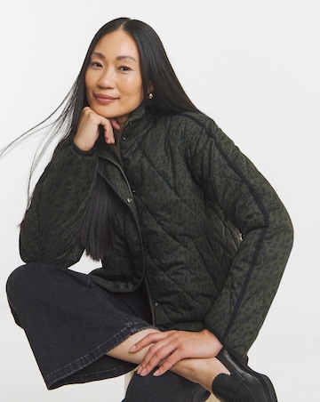 Khaki Leopard Funnel Neck Quilt Jacket