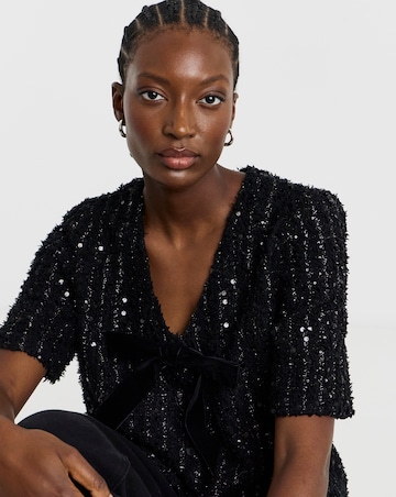 Fluffy Sequin Bow Front Top