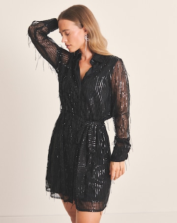 Black Fringed Sequin Shirt Dress