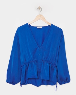 Simply Be Blue Velvet Satin Button Through Long Sleeve Blouse