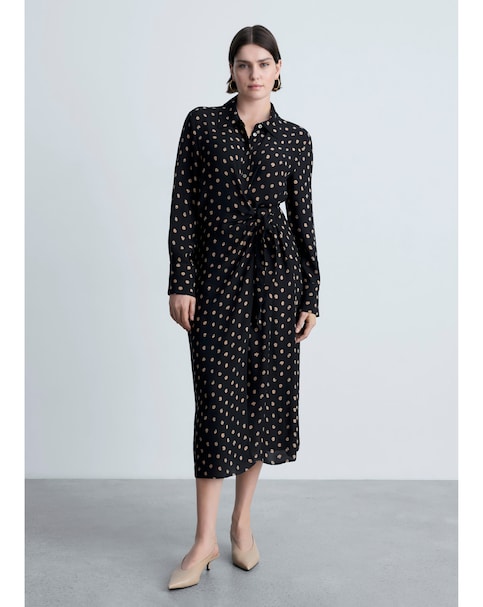 Mango Polka-dot shirt dress with Knot Detail