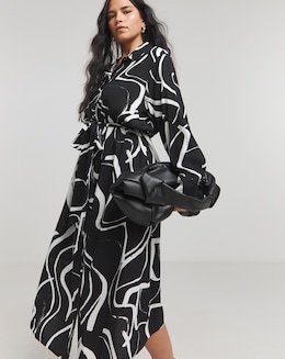 Black Print Long Sleeve Button Through Shirt Dress