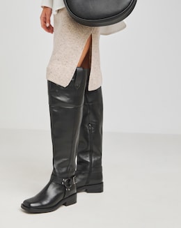 Naira Leather Over Knee Western Biker Boots - Wide Fit (E) &amp; Super Curvy Calf