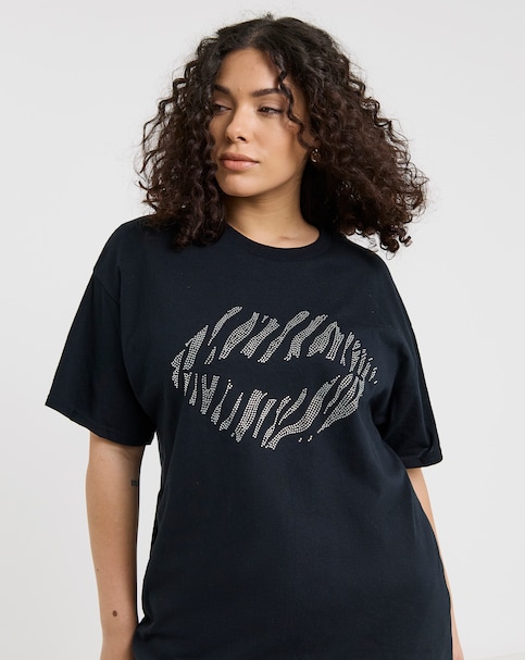 Black Diamante Zebra Lips T-Shirt