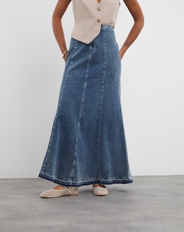 Mid Wash Fit and Flare Denim Maxi Skirt