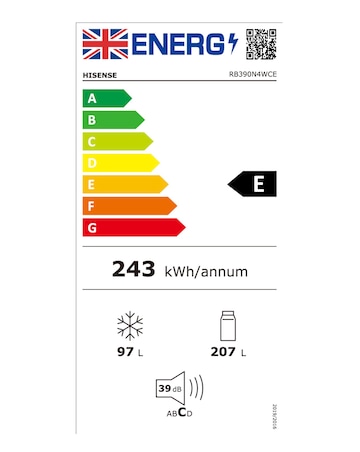 Hisense RB390N4WCE Fridge Freezer Silver- E Rated 186 CM