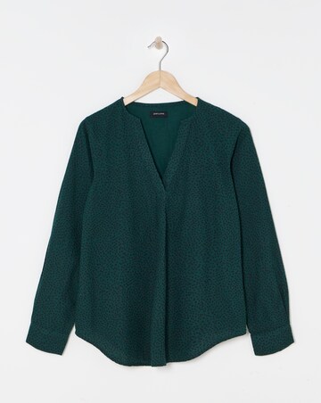 Printed Brushed Cotton V Neck Long Sleeve Blouse