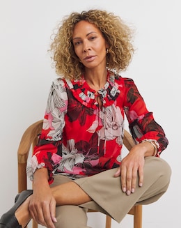 Red Print Long Sleeve Pleated Collar Blouse