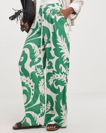 Green Print Spun Viscose Pull On Wide Leg Trousers