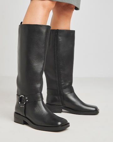 Dewey Leather Harness Detail Western Biker Boots - Wide Fit (E) & Curvy Calf