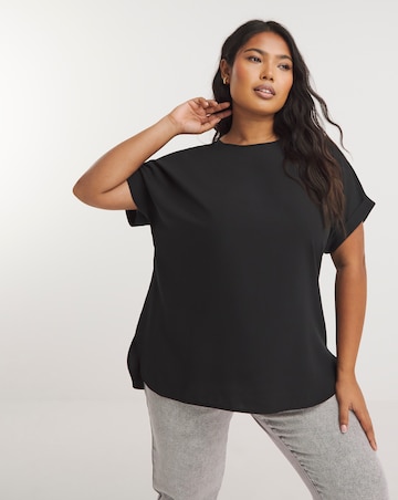 Black Roll Sleeve Dip Back Woven Boxy Blouse