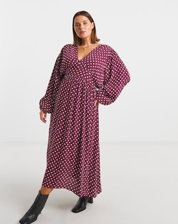 Burgundy Spot Printed Waist Detail Midi Dress