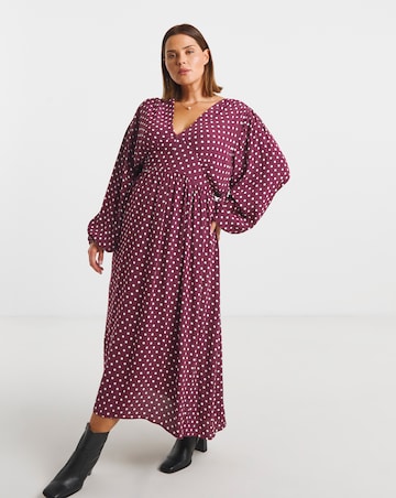 Burgundy Spot Printed Waist Detail Midi Dress