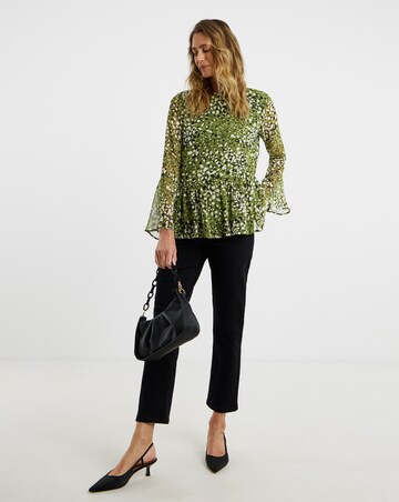 Georgette Collarless Trumpet Sleeve Peplum Blouse