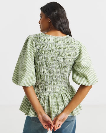 Gingham Shirred Seersucker Blouse