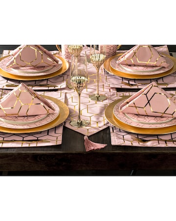 Waterside 9 Piece Tallulah Pink & Gold Geo Table Runner, Placemat & Napkin Set