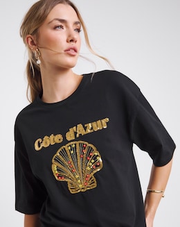 Black Embellished Cote D'Azure Graphic T-Shirt