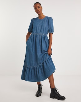 Mid Blue Denim Tiered Midaxi Dress