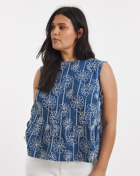 Floral Applique Denim Peplum Top
