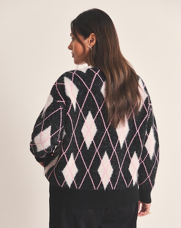 Sequin Heart Fluffy Argyle Boyfriend Cardigan