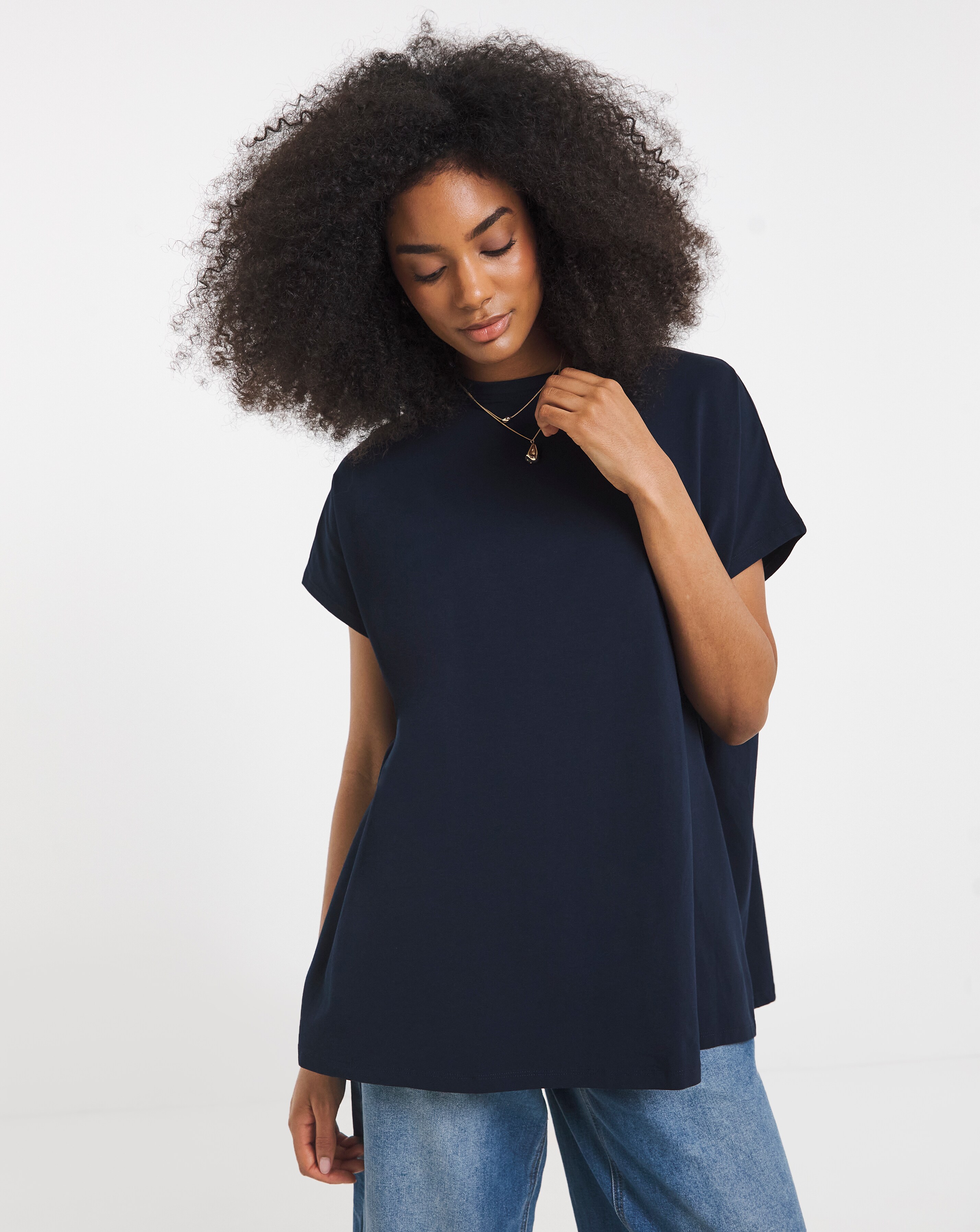 Navy Slouchy Dip Back Pure Cotton T-Shirt