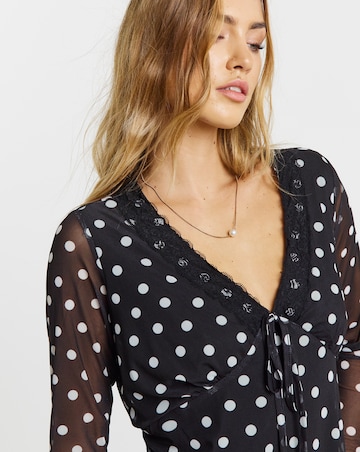 Mono Spot Print Mesh Lace Trim Midi Dress