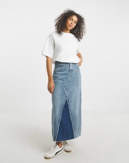 Mid Blue Patchwork Fray Denim Maxi Skirt