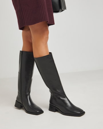 Heavenly Soles Velma Block Heel Leather Knee Boots - Wide Fit (E) & Curvy Calf