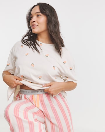Fruit Embroidery Detail Top And Stripe Print Pyjama Set