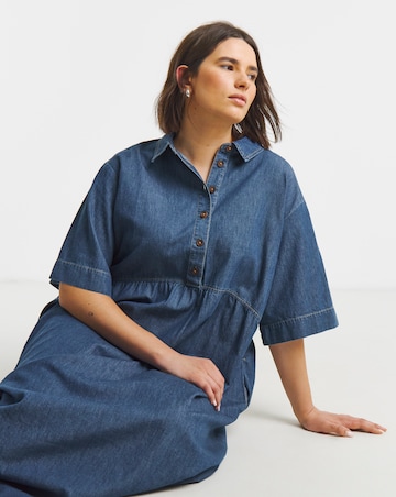 Mid Blue Collared Denim Midaxi Dress
