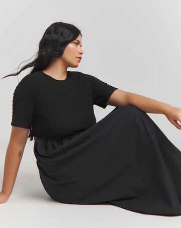 Black Jersey Poplin Mix Puffball Midi Dress