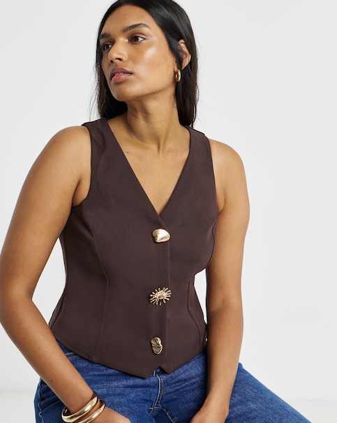 Scuba Crepe Tailored Waistcoat with Gold Button Embellishment