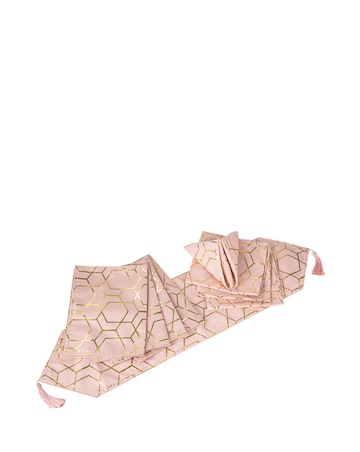 Waterside 9 Piece Tallulah Pink & Gold Geo Table Runner, Placemat & Napkin Set