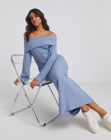 Blue Cosy Rib Bardot Maxi Dress