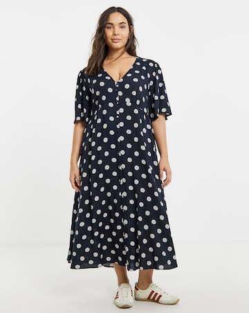 Black Ditsy Print Spun Viscose Button Up Midi Dress