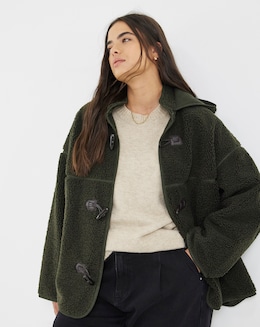Moss Green Hooded Plush Teddy Duffel Coat