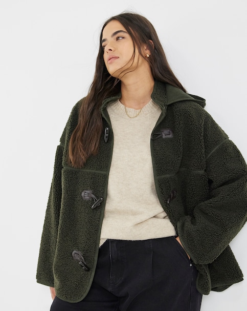Moss Green Hooded Plush Teddy Duffel Coat